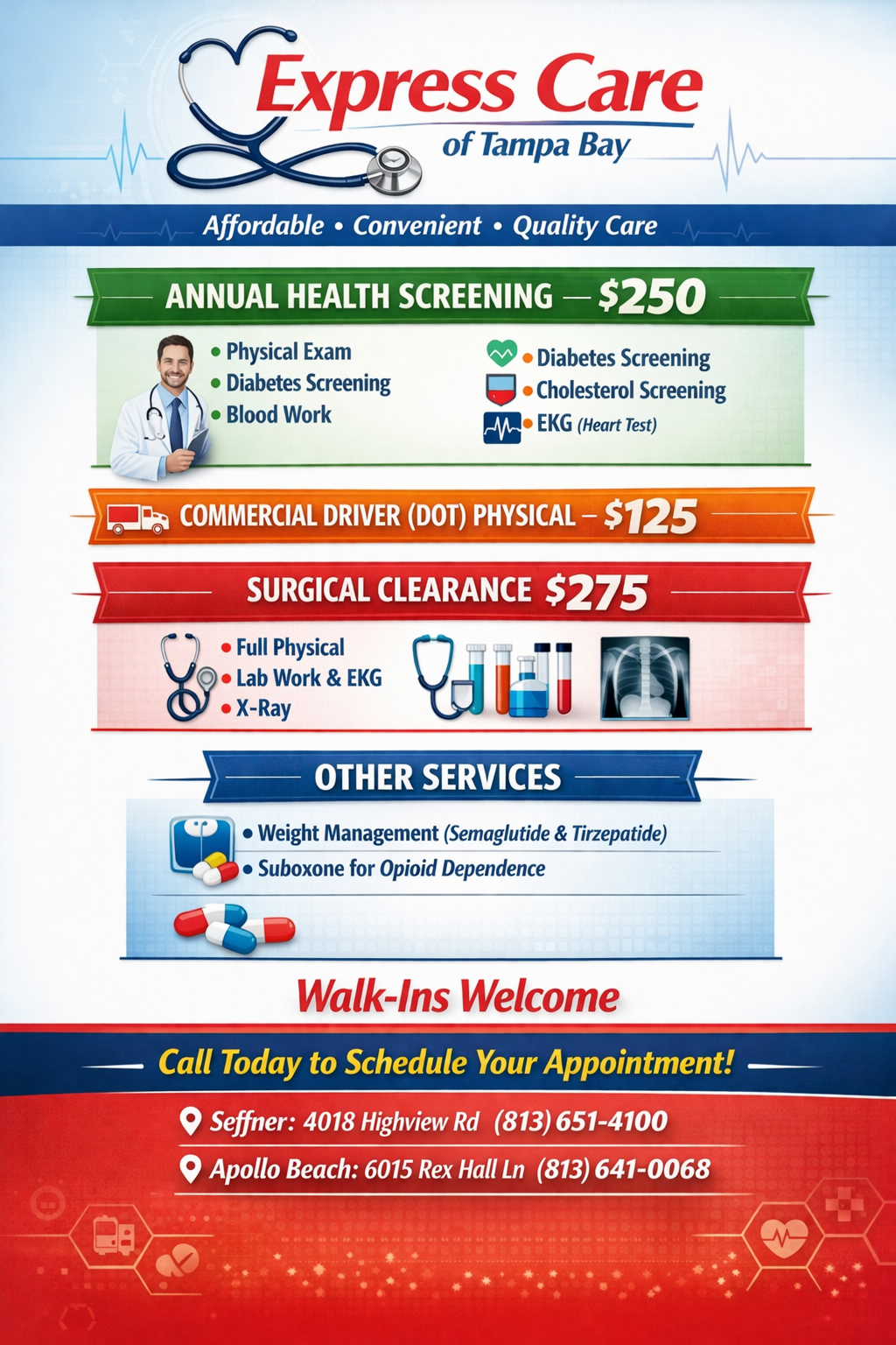 Express Care Special Promotions - Annual Health Screening $250, DOT Physical $125, Surgical Clearance $275